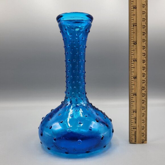 Vintage Vibrant Blue Hobnail Glass Bud Vase Italian Decanter Bubbles 7.5" Tall - Picture 9 of 9
